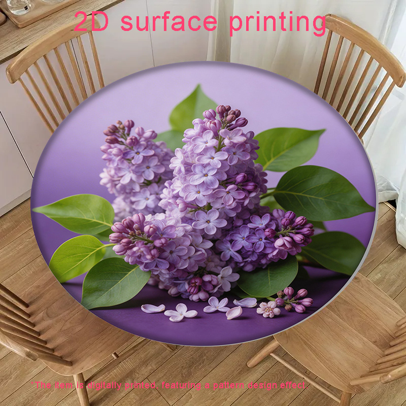 TEMU 2d Surface Printing Lilac Pattern Pastoral Style Round Elastic Tablecloth Suitable For Round Dining Tables Material For Parties, Kitchen,
