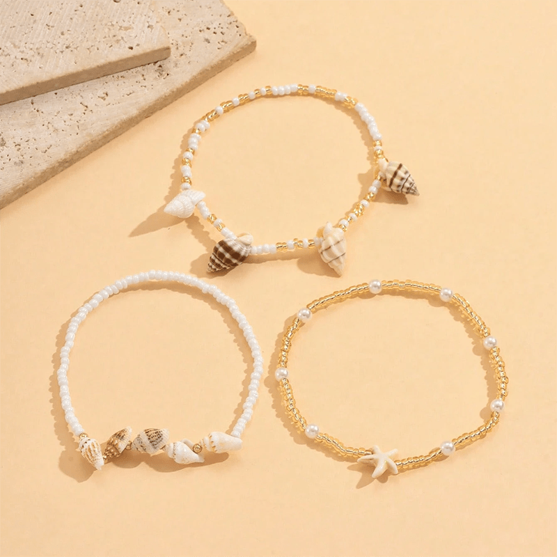3pcs Women's Anklets Ocean Style Shell Starfish Beaded Set