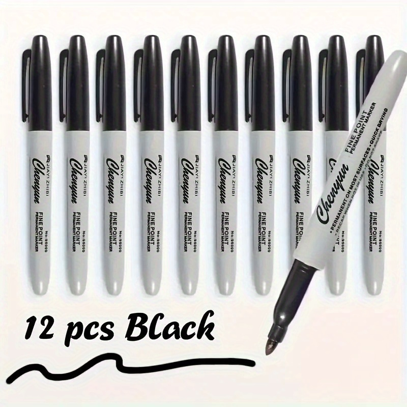 

12pcs Fine Tip Black Permanent Markers, Quick-dry & , Medium Nib, Waterproof Ink - Ideal For Use