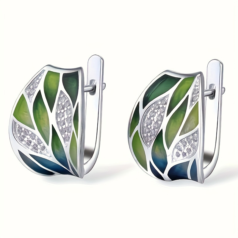 Image of 1 Pair Women's Fashion Hoop Earrings, Pastoral Style Synthetic Zirconia Green Enamel Earrings, Elegant Women' Casual Party Jewelry Gift