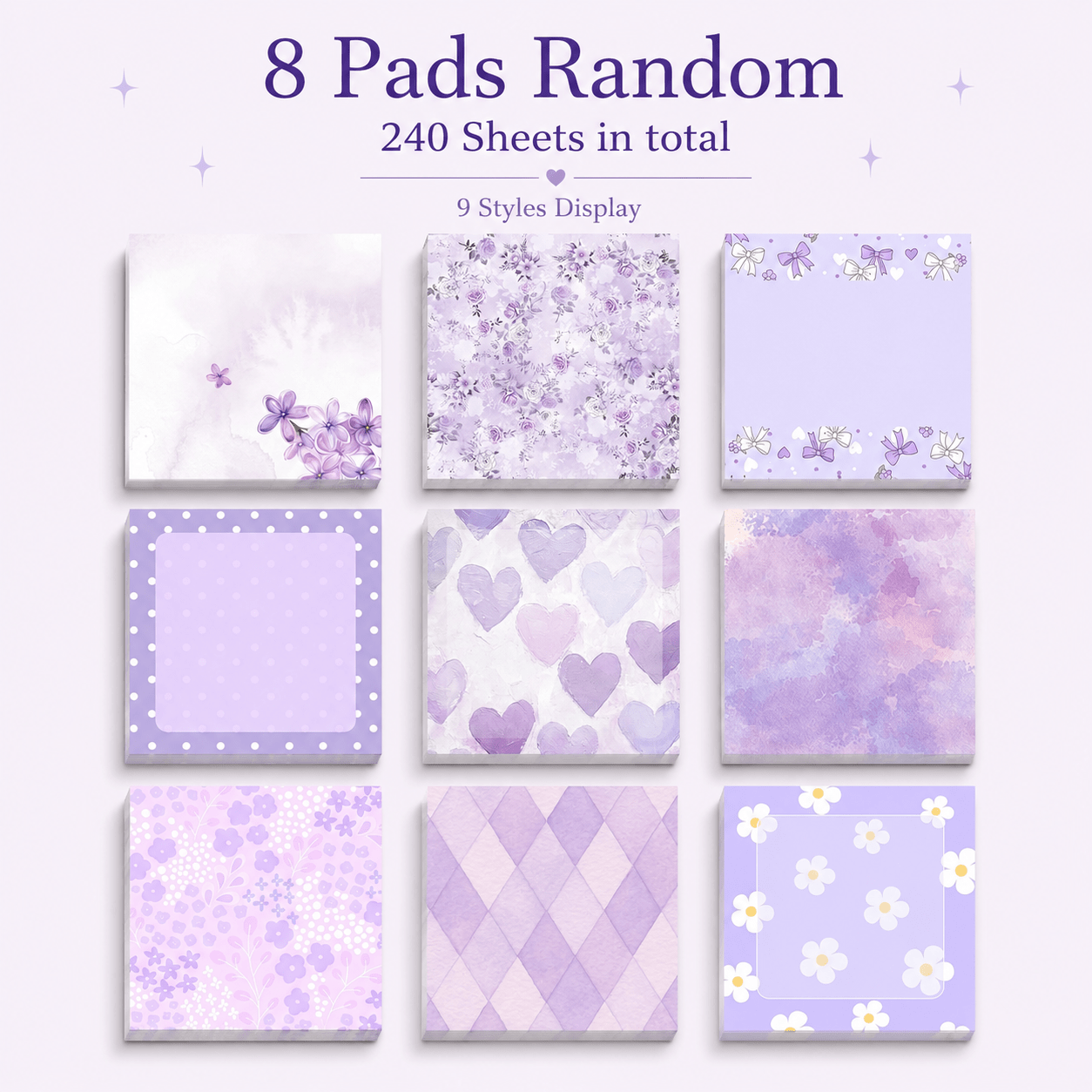 TEMU Purple Aesthetic Sticky Notes 8-pads Random Set, 240 Sheets, 3 X 3 Inch Cute Lavender Memo Pads With Watercolor Flowers, Hearts, Bows & Pastel