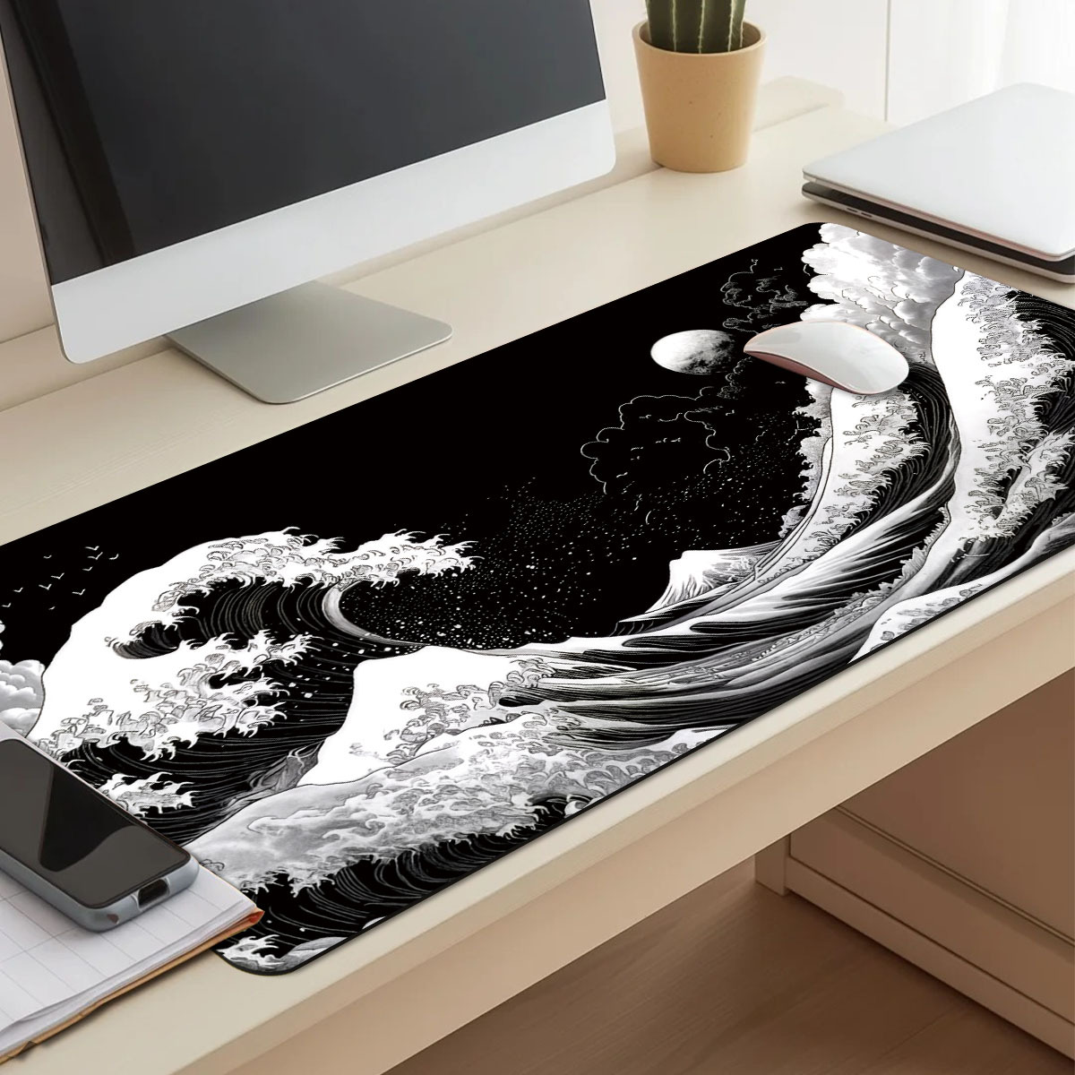 TEMU 1pc Extended Gaming Mouse Pad And Pc Desk Keyboard Mat - Japanese Manga Style Black And White Minimalist Wave Pattern - Laptop Protector Mat