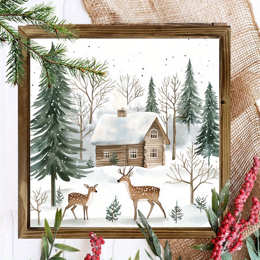 TEMU 8x8 Inch Rustic Wooden Christmas Cottage Wall Art - Farmhouse Style Picture Frame With Deer & Snowy Pine Trees, Lightweight Polished Wood,