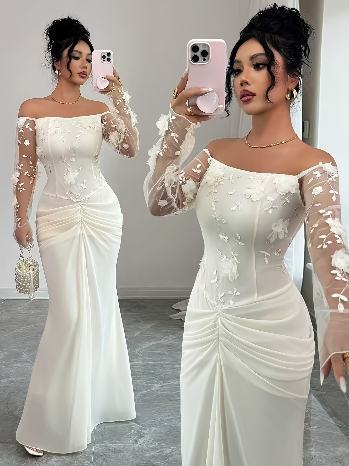 Robe Maxi Femme Tendance Élégante Unie Brodée Patchwork Maille Épaules Dénudées Ruchée Manches Longues, Idéale pour Rendez-vous en Plein Air, Soirées, Dîners, Mariages, Saint-Valentin et Tenue Décontractée