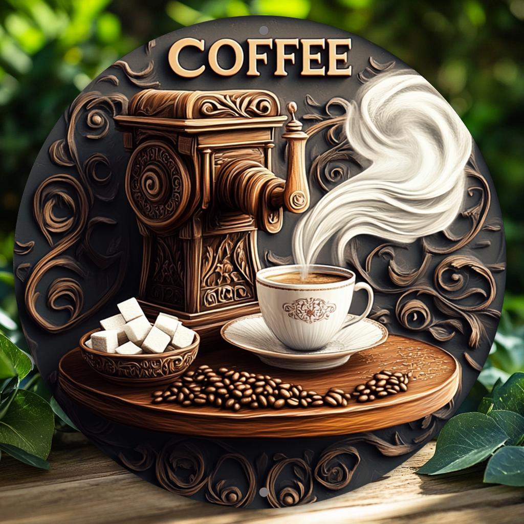 

Classic Coffee-themed Aluminum , 8x8 Inch Round Metal Decorative Sign, , Multipurpose, No Electricity Needed, With Wall Hanging Plaque For Bar, Kitchen, Cafe, Home, Office, Party Decor, Holiday Gift