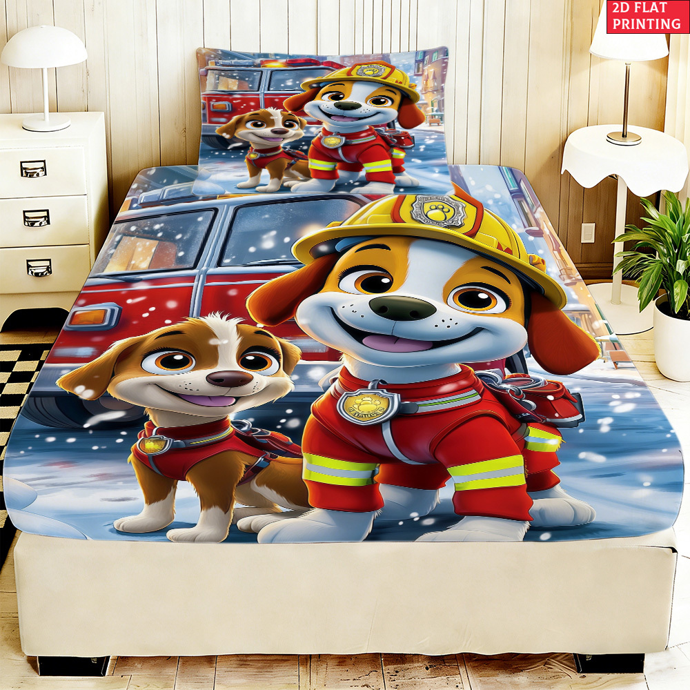 TEMU 2/3 pièces Drap-housse Imprimé 2D Chien avec Literie Camion, Impression, pour Décoration de Chambre (1 Drap-housse et 1/2 Taies d'oreiller.
