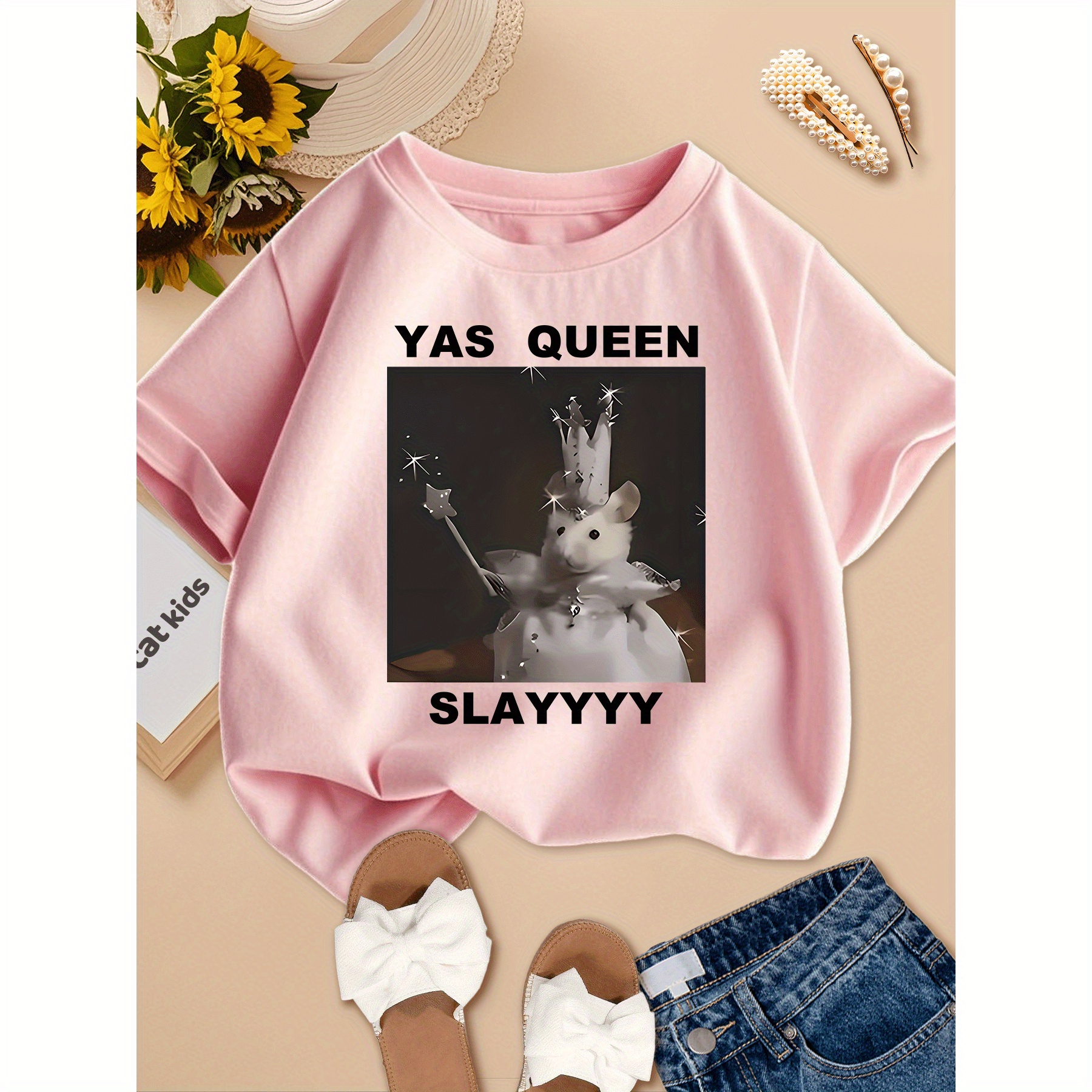 Girls' Cute Hamster Pattern T-Shirt - "YAS QUEEN SLAYYYY" Print Casual Round Neck Pullover Short Sleeve Top, Suitable for Youngsters to Teens Holiday Outdoor Leisure Sports, Comfortable Breathable Fashion Summer Wear, Gift for 8-14 Years Old