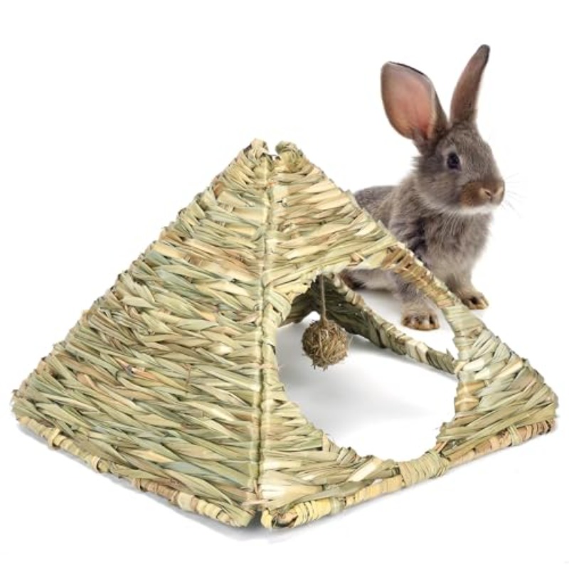 2 Sets 33.02cmX11. 20.32cm X 27.94cm Small Animals Grass Foldable Woven Animal Hut Bunny Triangular House Play Hideaway Bed Hay Mat Chew for Rabbit Guinea Pigs Gerbils Hamster
