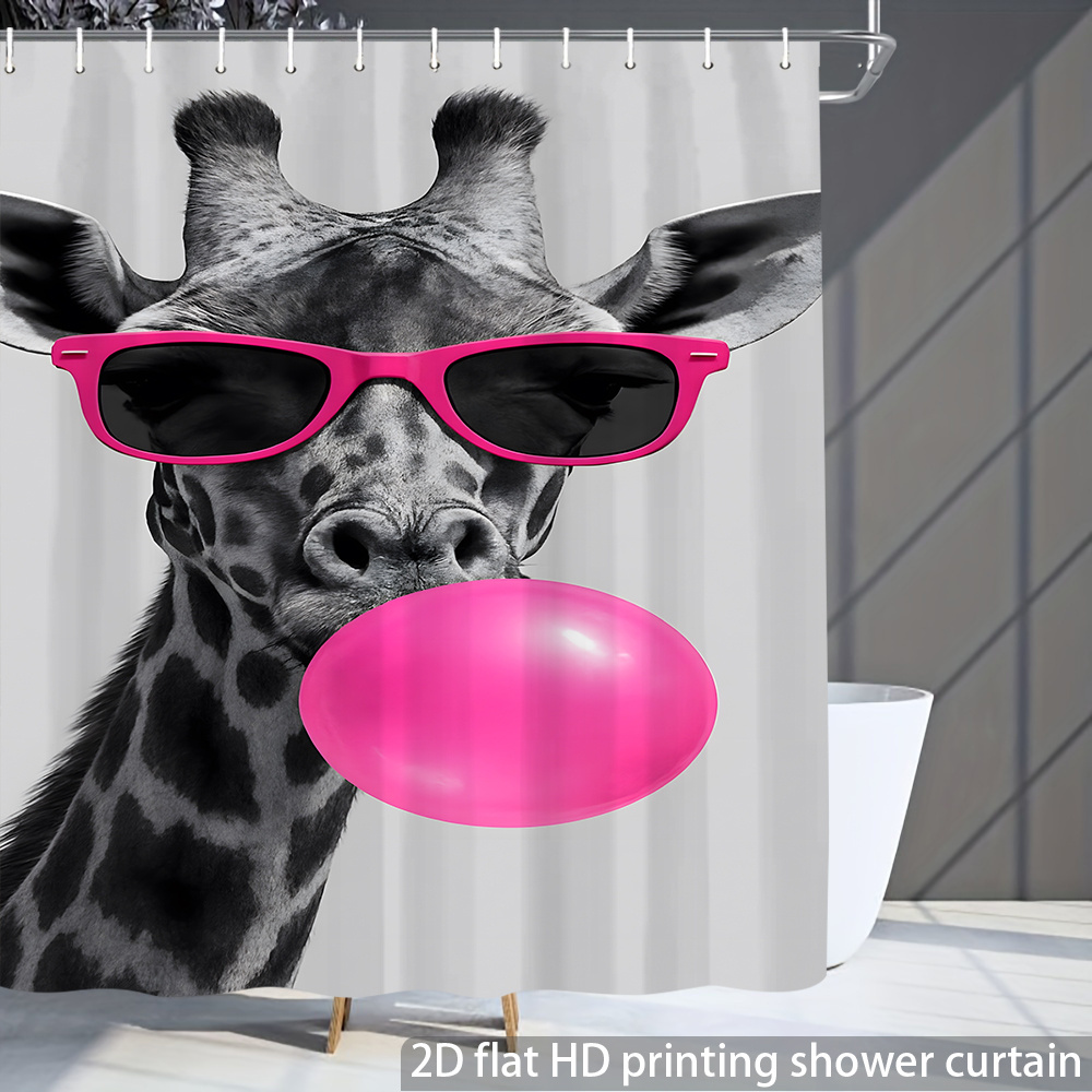 TEMU 1pc Long-necked Giraffe Wearing Fashion Glasses And Print Shower Curtain, High-end Elegant Bath Curtain For Home Decor, Punch-free With