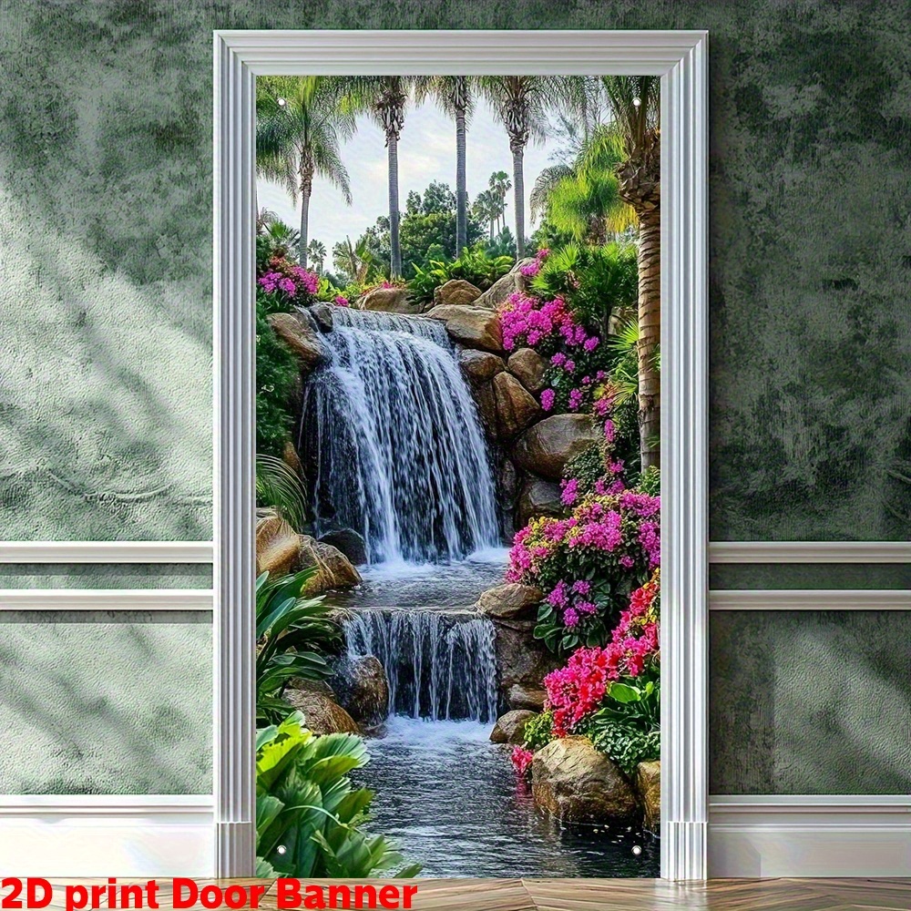 TEMU 2d Flat, 1pc Tree & Waterfall Door Curtain Banner - Realistic 2d Jungle Party Decorations With Palms & Foliage, Hanging Decor For Indoor/outdoor
