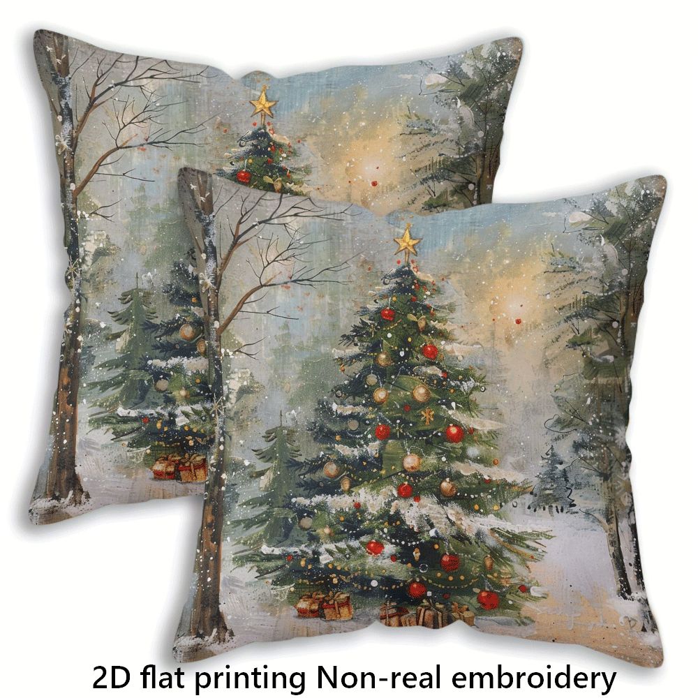 TEMU 2pcs Pillow Sets Xmas Tree Uitable For Home Sofa Decoration, Home Accessories, 2d Flat Printing Non-real Embroidery, 18 X18 Inches, Zipper