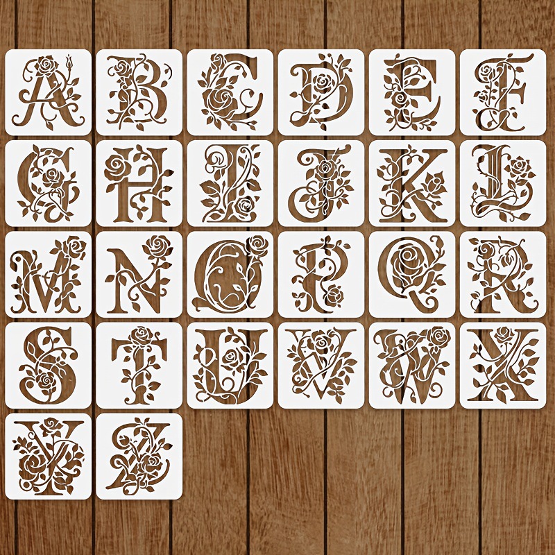 TEMU 26pcs Floral Alphabet Stencils, Reusable Painting Templates For Wall Decals, Appliques, Pillows, T-shirts, Carving, Etching Plates Glasses