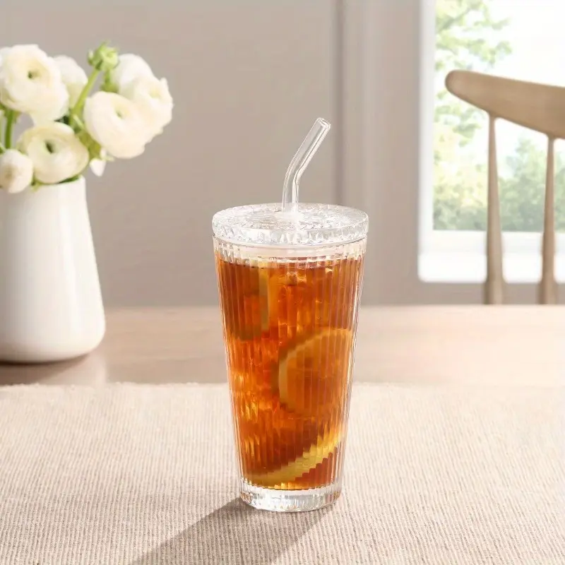 2pcs ribbed 21oz glass tumblers with lids straws clear reusable hand wash only iced beverages beverage serving ribbed glassware durable glass Product details 4