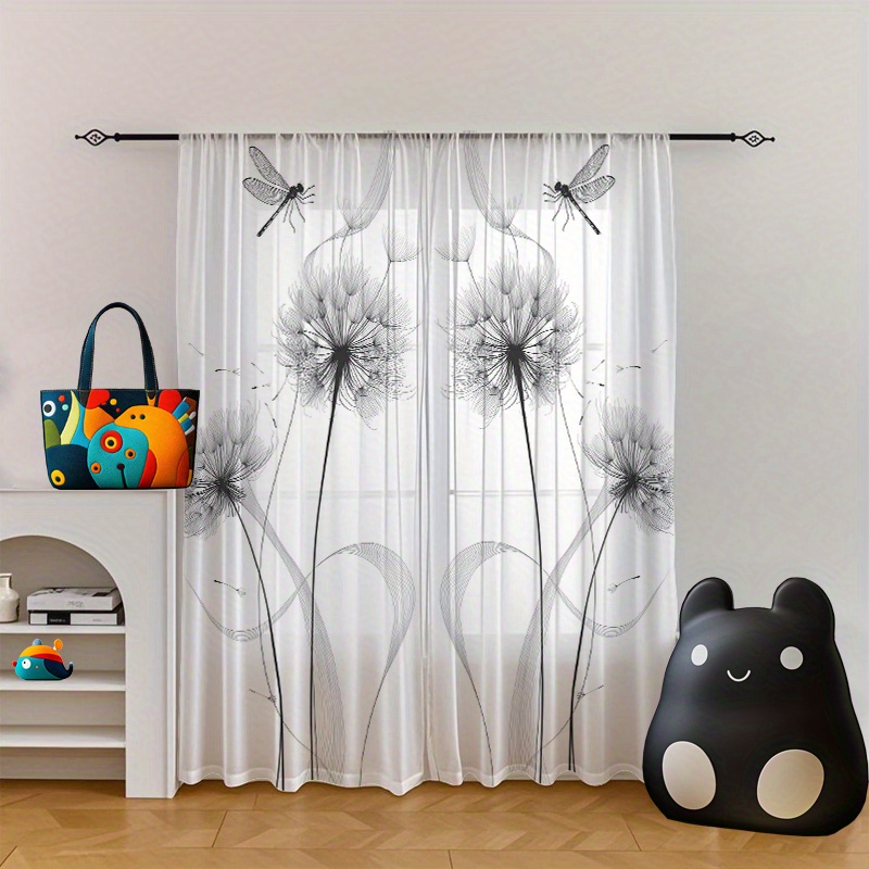 E-shop 2 Stück Elegante Löwenzahn & Libellen Druck Vorhänge - 100% Polyester Halbtransparente Gardinen mit Stangen-Tasche, Maschinenwaschbarer