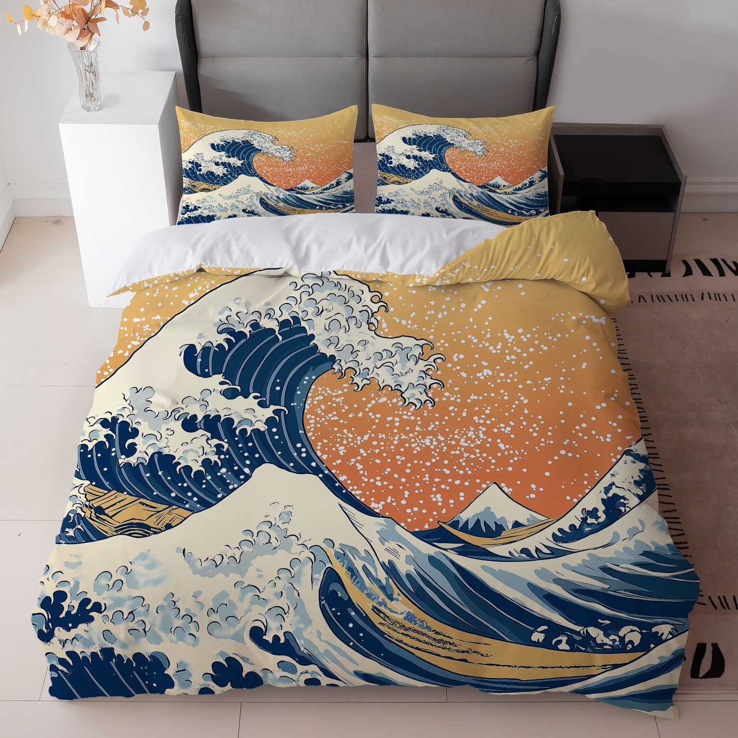 TEMU 3pcs Japanese Wave Bed Set - Blue And Orange Sea Design (1 Duvet Cover   2 Pillowcases, Excluding Insert) - Ideal For Bedroom Decoration