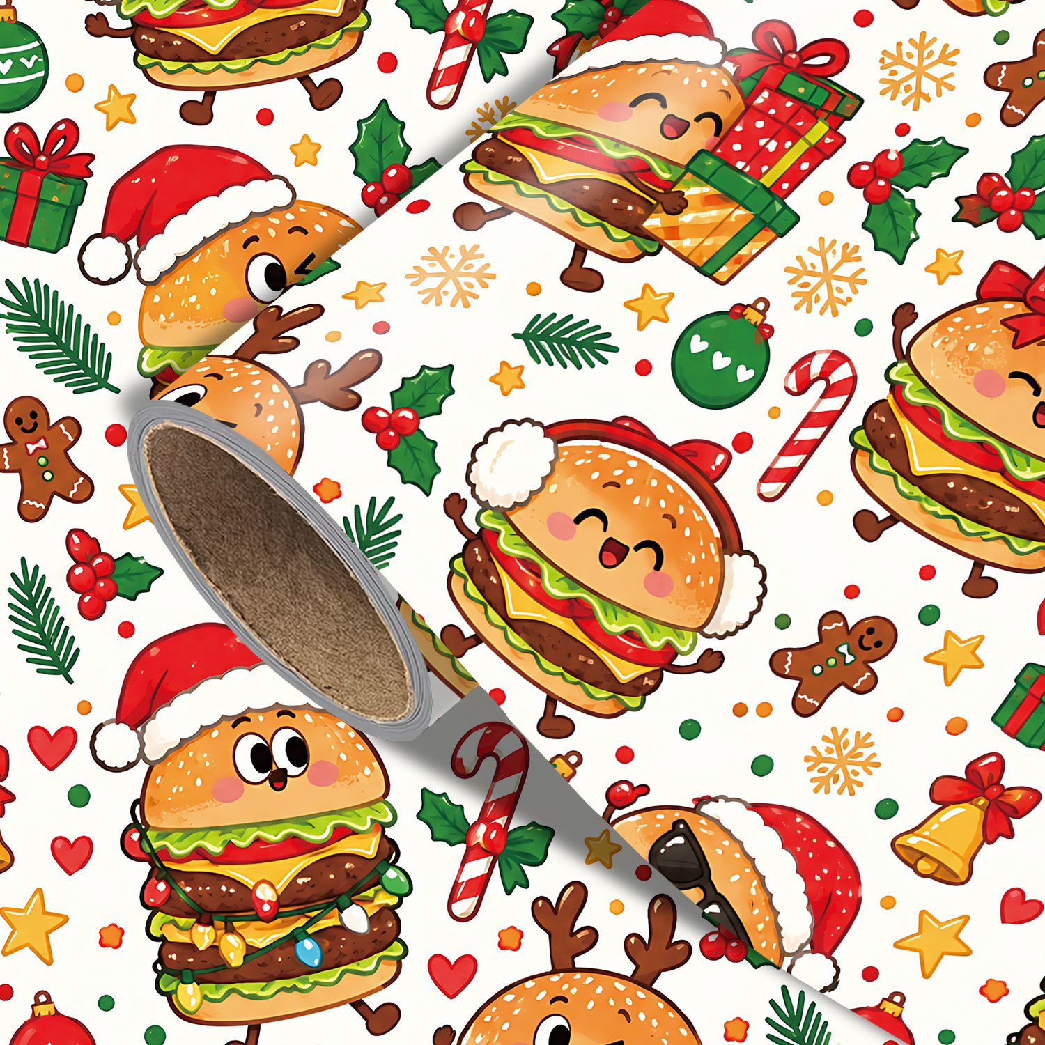 TEMU 1 Roll Christmas Burger Christmas Wrapping Paper, Gingerbread Man, Gift Boxes, Candy Cane, Holly, Pine Branches, Ornaments And Festive Designs,