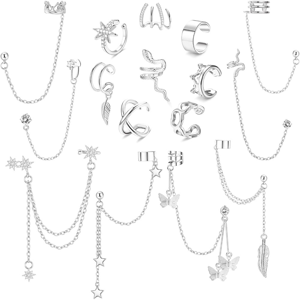 16pcs Ear Cuff Earrings For Women Cuff Chain Earrings Adjustable Cartilage Clip On Earrings Wrap Ear Cuffs Non Piercing Silvery Tone Jewelry