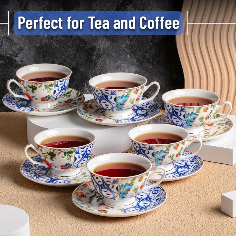 btat set of 6 vintage   floral porcelain tea cups & saucers - 8oz elegant   bone china-style cups with dishwasher safe design, microwave & freezer safe, stackable for space-saving storage - ideal for tea, coffee, home or gifting, coffee drinks,  , durable saucers,    , drinkware set, coffee enthusiasts, gift   Product details 4
