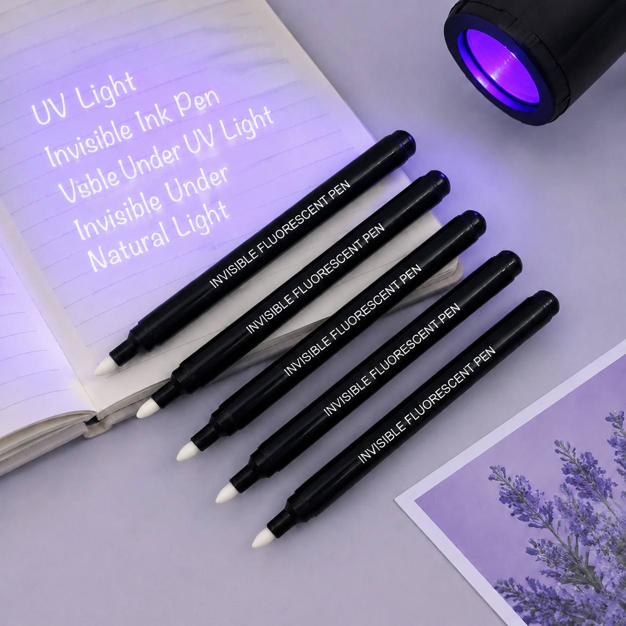 TEMU 5pcs Invisible Pens, Ultraviolet Invisible Fluorescent Pens, Hot-selling , Invisible Ink Pen Use Ultraviolet Ballpoint Pen Party Gift, Spy Gift,