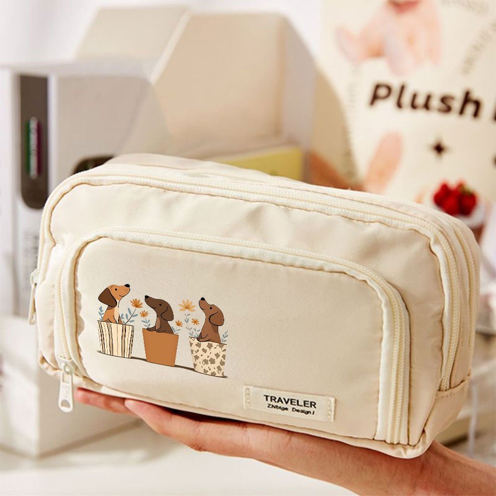 TEMU 1pc Dachshund Pattern Large Capacity Pen Case | Portable Zipper Pouch Stationery Organizer Bag For Office & School Supplies