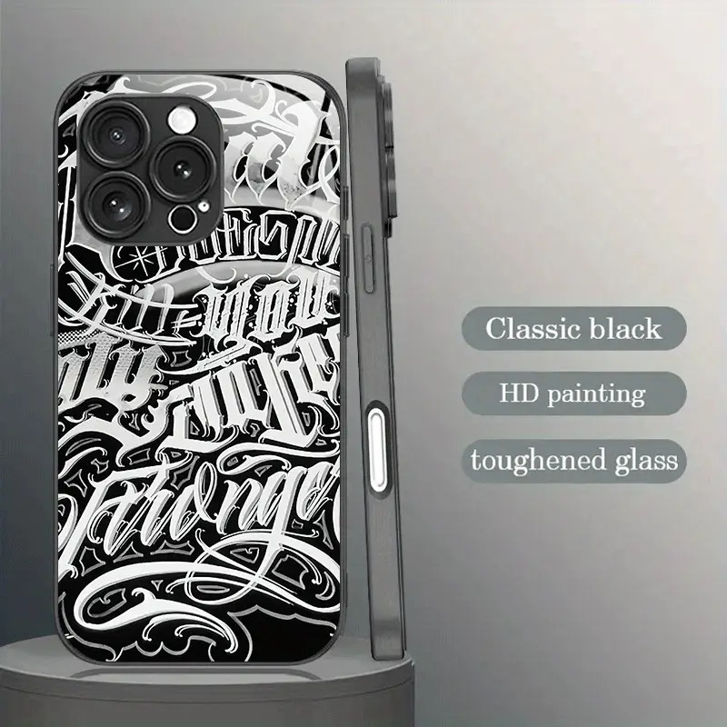 TEMU Creative Black And -style Graffiti Tempered Glass Phone Case For Couples, Featuring A Trendy And Stylish Design. A Fun Gift For Iphone Models