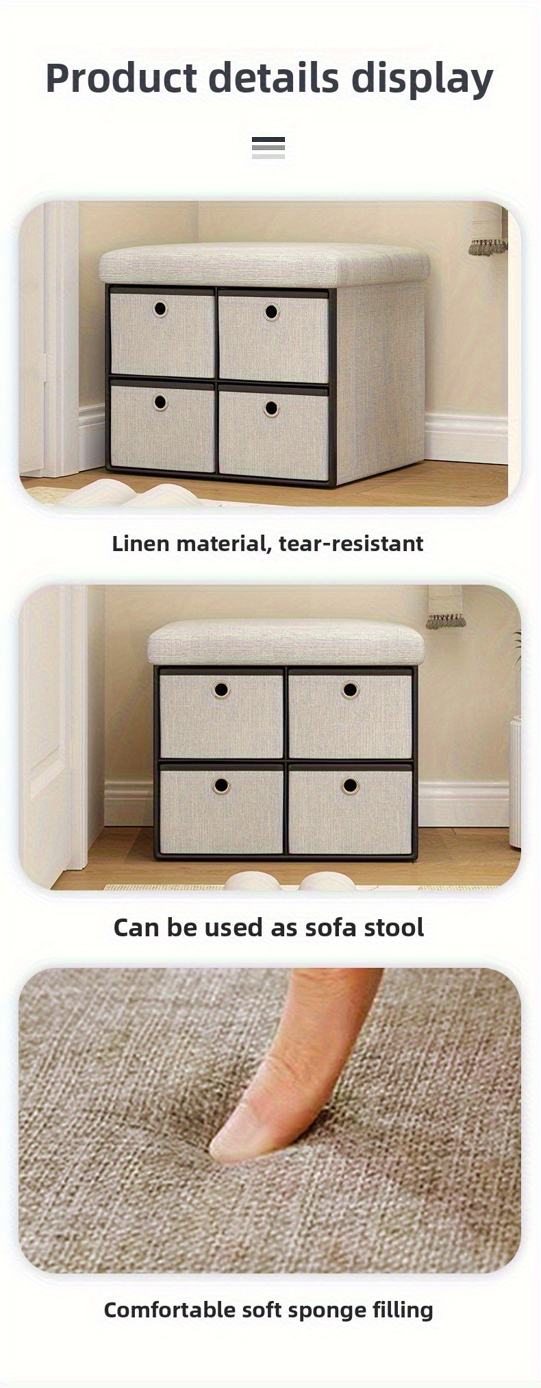 Modern Style Seat Storage Stool - Shoe, Clothing, And Toy Storage Box, Durable Fiberboard Shoe Changing Stool with Drawers, Space Saving Design for Small Rooms