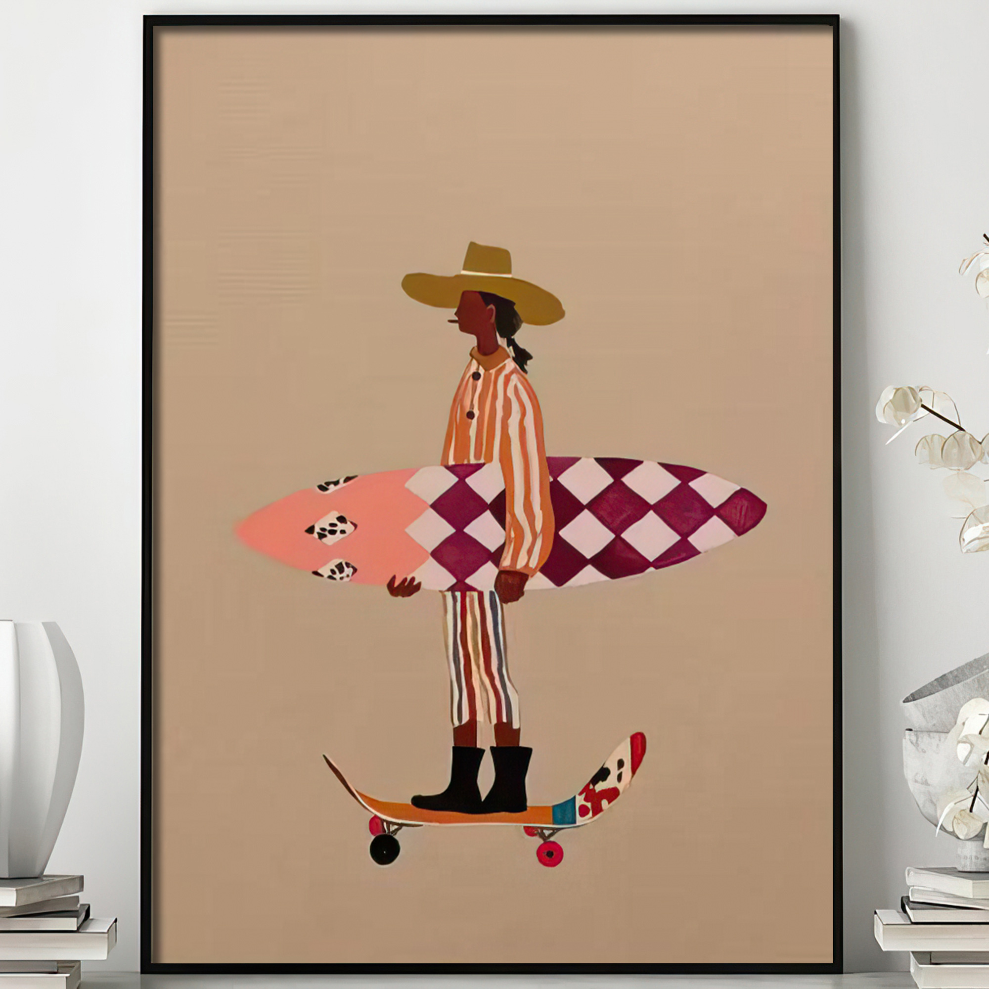 TEMU 2d Flat, 2d Flat, Frameless 2d Flat, 2d Flat 1pc 2d Surfing Canvas Poster, Featuring With Pink And Purple Surfboards. This Easy-to-make