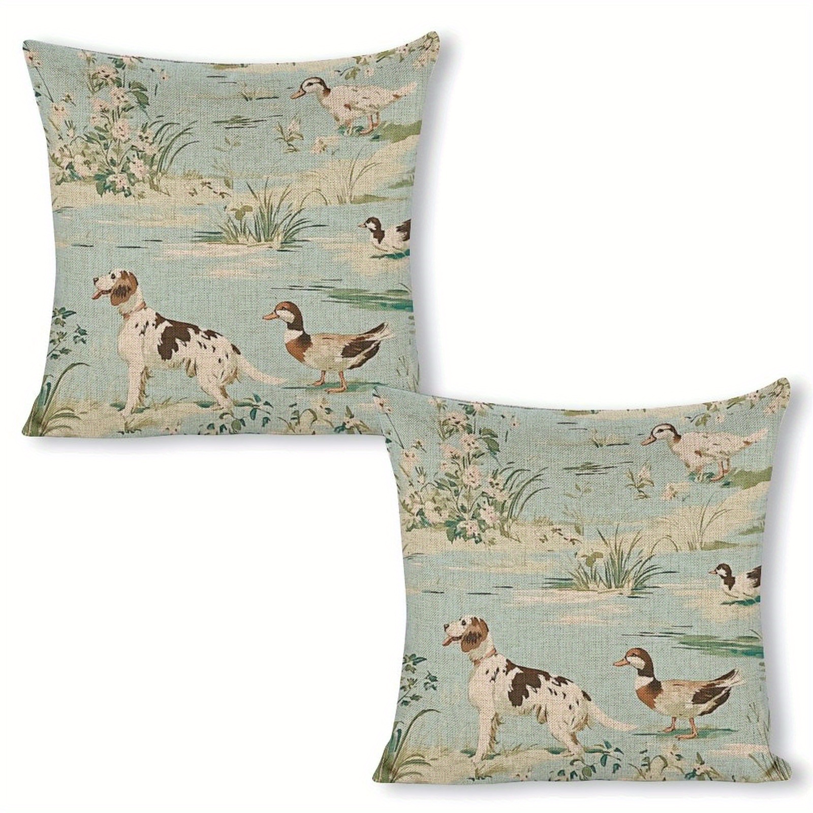 TEMU 2pcs Vintage Countryside Throw Pillow Cover, Dog And Duck Decor, 18*18 Inch Pillowcase Protector For Sofa Couch Bed Pillow, Best Home Decor Gift For Her