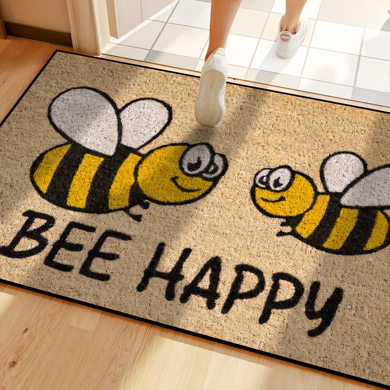 Honeybee Happy Welcome Mat - 1 Velvet Rectangle Mat, Washable, Suitable For Kitchen, Dining Room, Hallway, Laundry Room, Bedroom, Home Decor