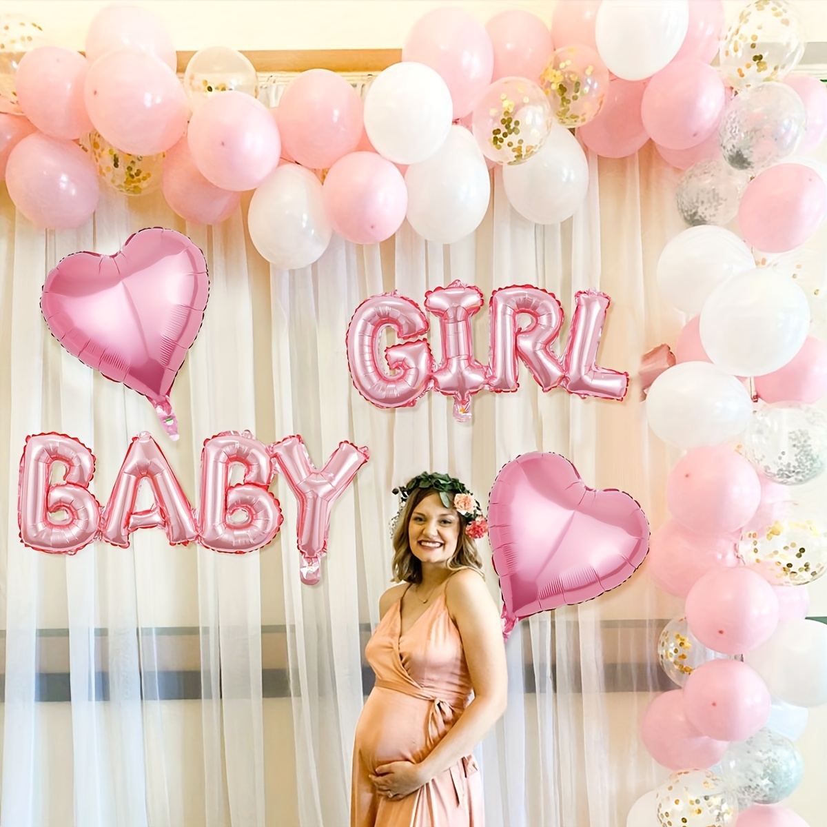Image of Set Of 4 Pink Heart-shaped Foil Balloons For Celebrations Like Gender Reveals, Showers, And Birthday Anniversaries