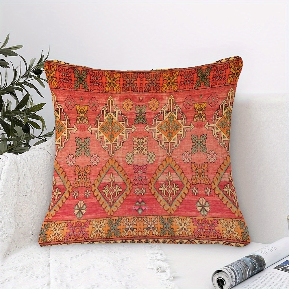 TEMU 1pc Of Bohemian Moroccan Style Pillow Cover, Double-sided Print, 18*18 Inches, Made Of Soft Polyester Fabric, With Zipper Closure, Machine