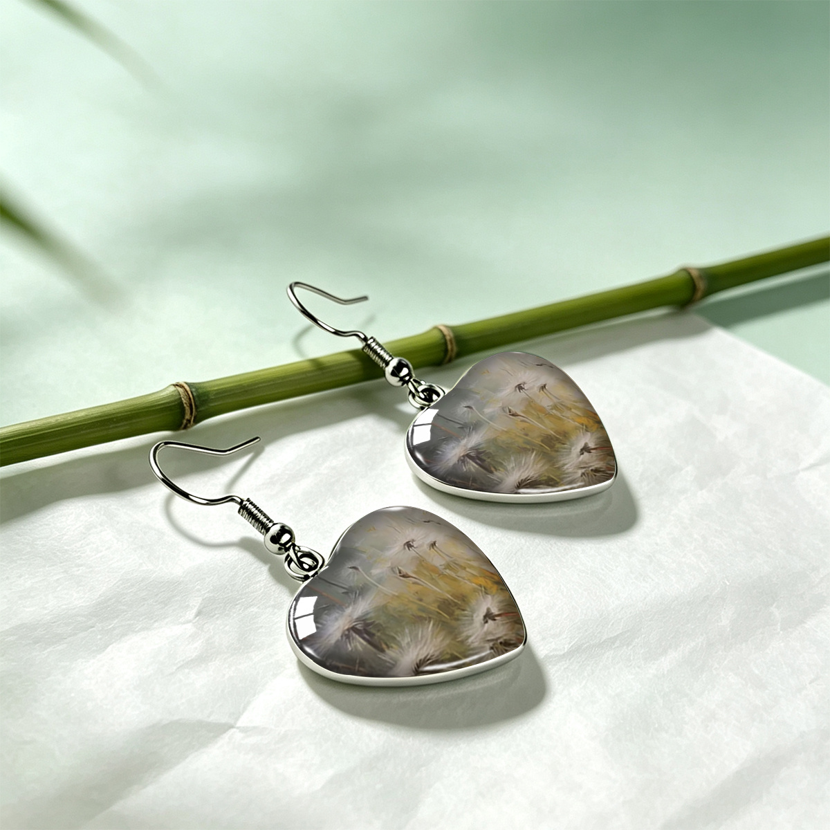 Hazy Mist-Like Dandelion Grass Heart-Shaped Earrings