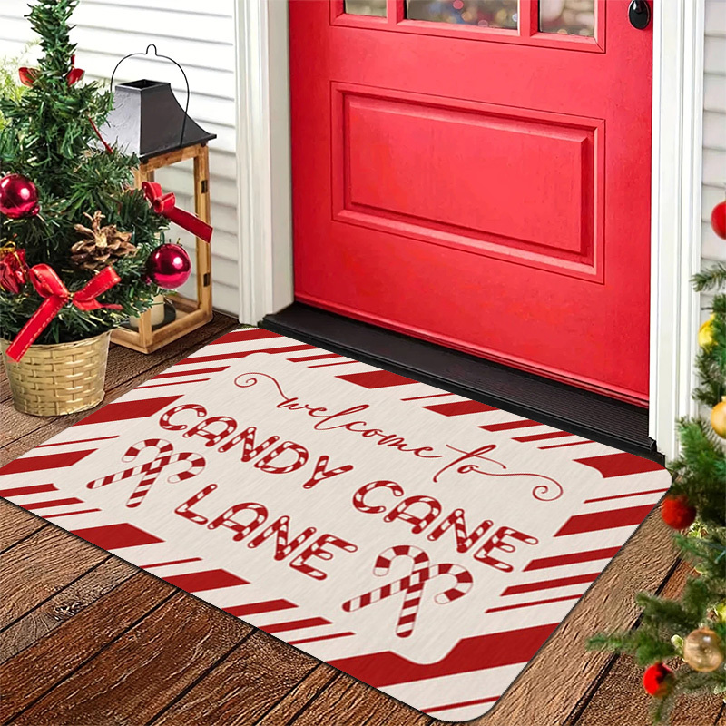TEMU 1pc Candy Cane Welcome Mat - Plush Soft Thick Mat With -slip Backing, Striped Candy Cane Design & "welcome To Candy Cane " Lettering - /outdoor
