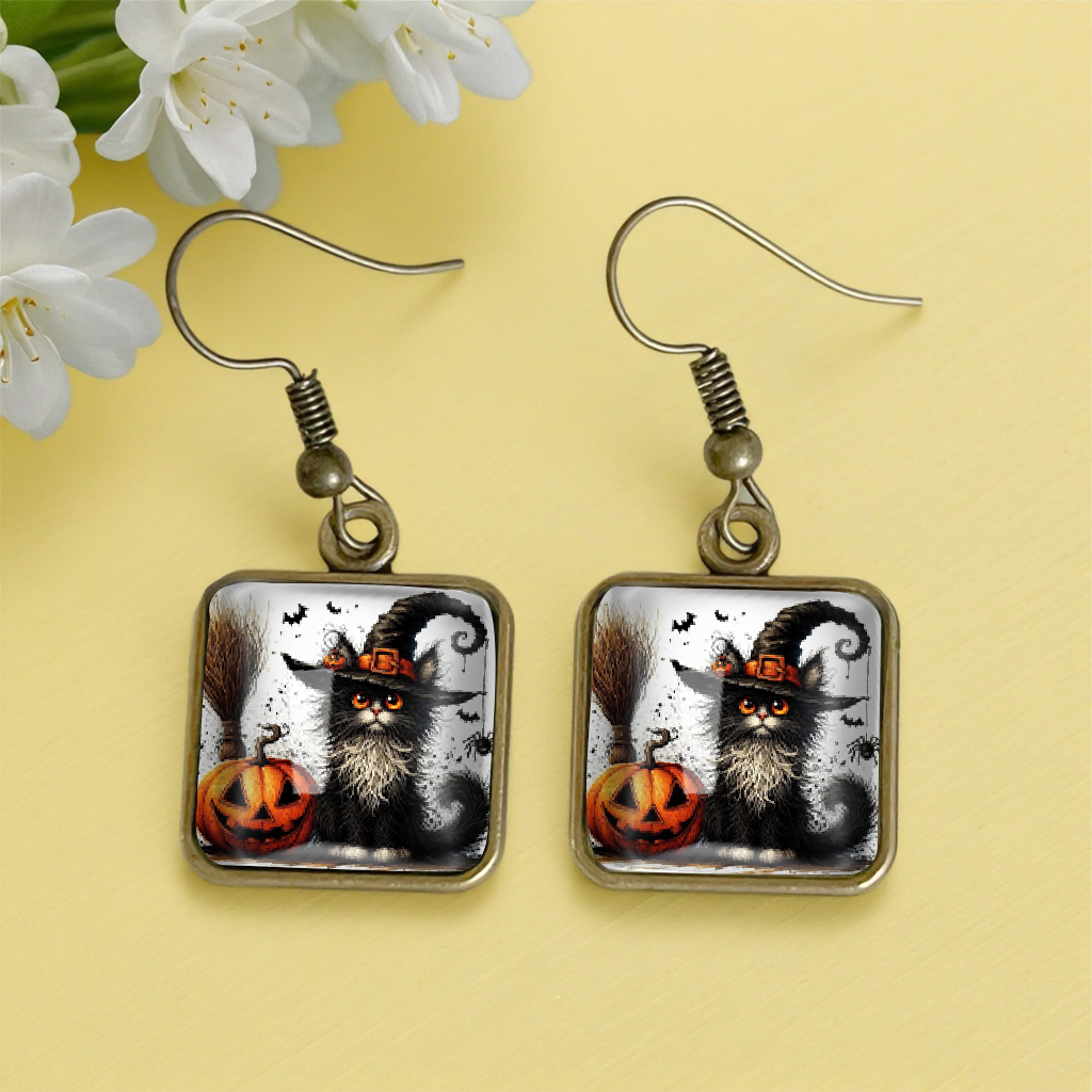 TEMU Fashionable Halloween Black Cat And Pumpkin Heart Shaped Earrings Glass Pendant Fashion Jewelry Gift
