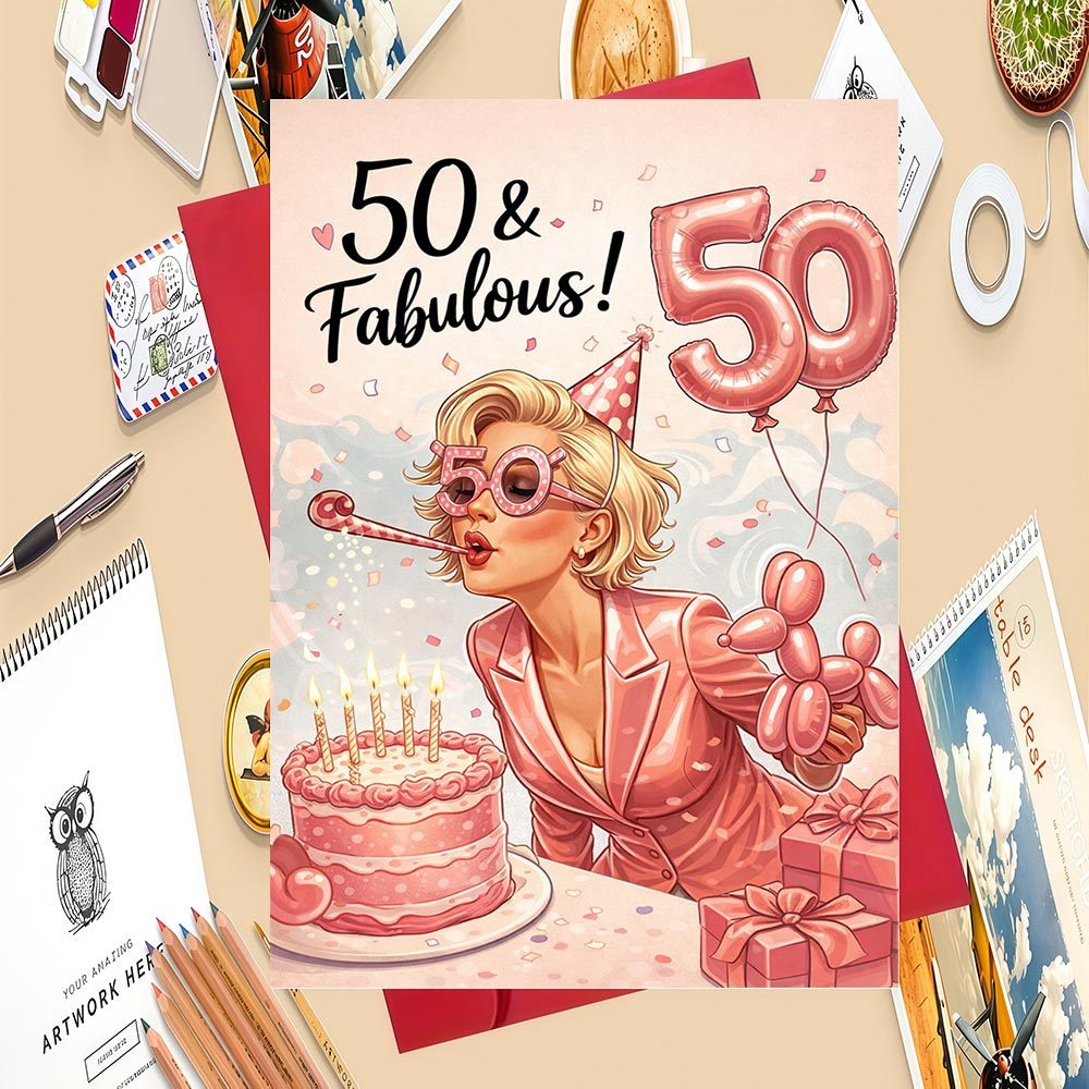 E-shop 1 Grußkarte + 1 Umschlag, . Grußkarte für Frauen, die 50. werden, zur Feier ihres 50. Geburtstags mit Kuchen, Luftballons Geschenken