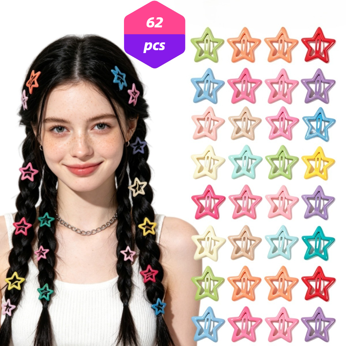 TEMU 62pcs Women's Dopamine Star Hair Clips, Bb Clips, Sweet , Dopamine , Women's Hair Additions, Y2k Additions. Suitable For Daily Casual, Campus