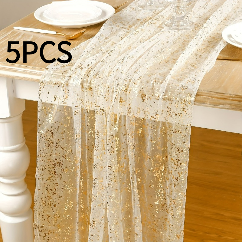 5 Pack Golden Transparent Tablecloth Suitable For Wedding, Birthday, Bridal Shower - Glitter Party Table Cover With Sparkling , 29x120inch For Proposal, Decorations, Polyester Table Setting