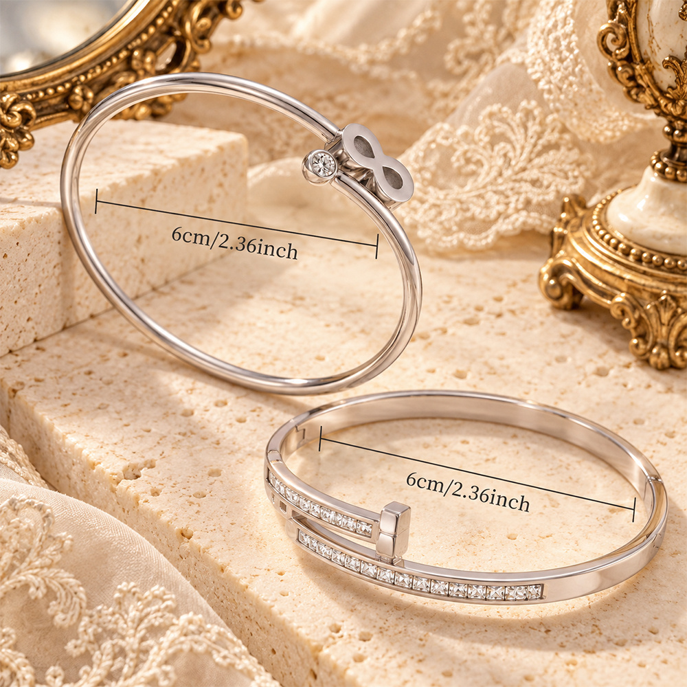 Mirror Polished Stainless Steel Bangle Pack with Solitaire Stone Accent