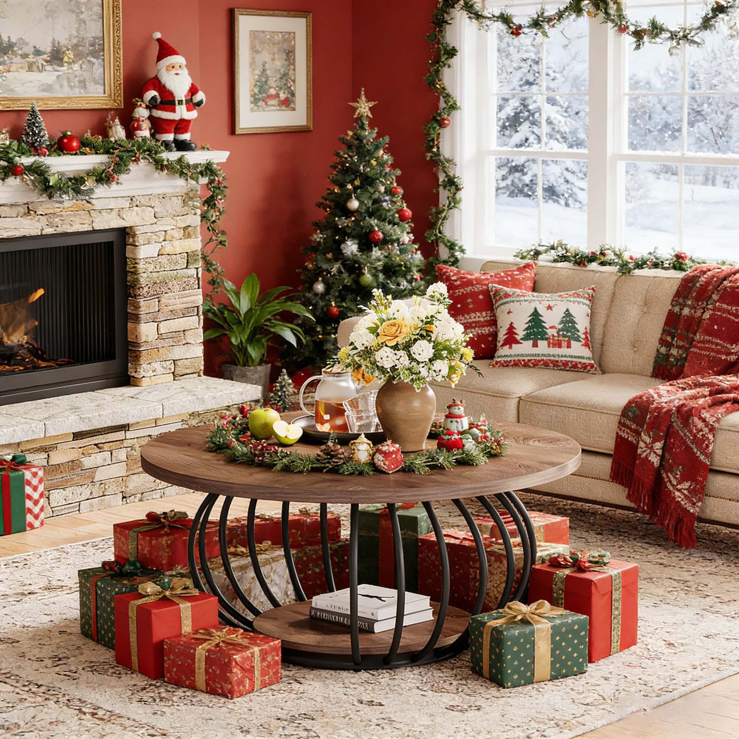 100cm Modern Round Coffee Table With Storage - 2-tier Wood Grain Center Table With Metal Frame, Living Room Furniture, Size X 46cm, Ideal For Daily Gifts And