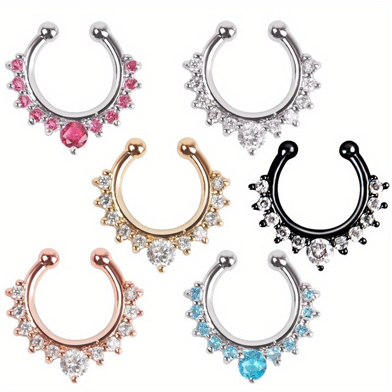 TEMU Set Of 6 Stylish Non-piercing Nose Rings For Men And Women, Featuring Exquisite Shiny Cubic Zirconia In A , Suitable For Body Jewelry