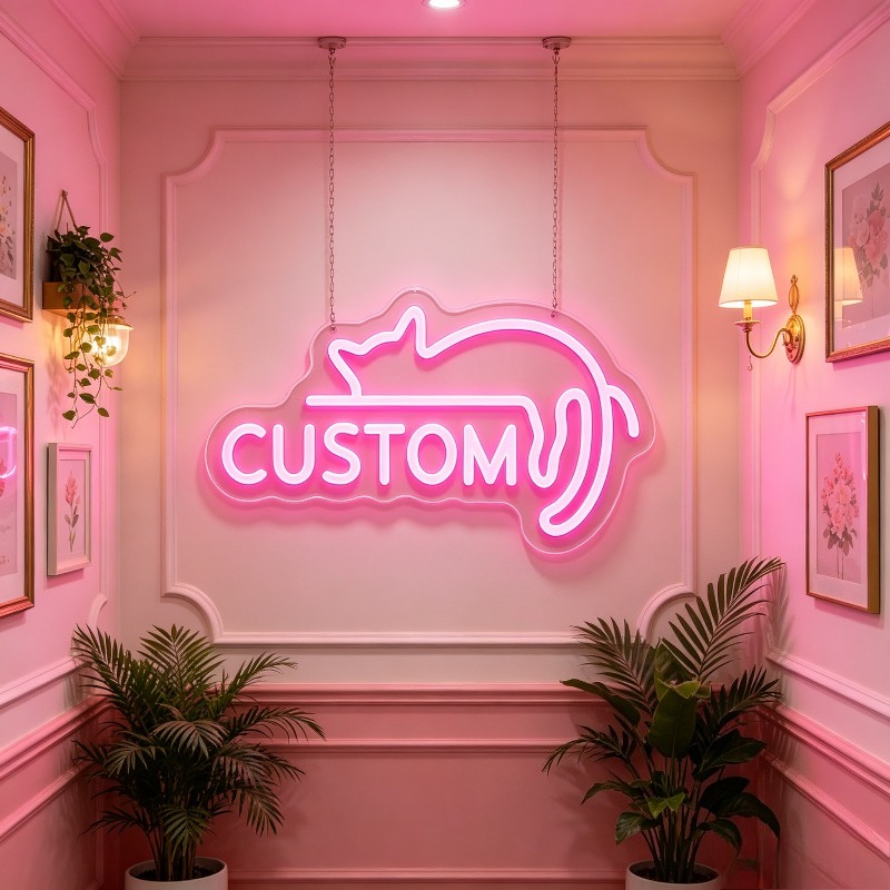 Custom Pink LED Neon Sign, Lazy Cat-Shaped, USB Powered