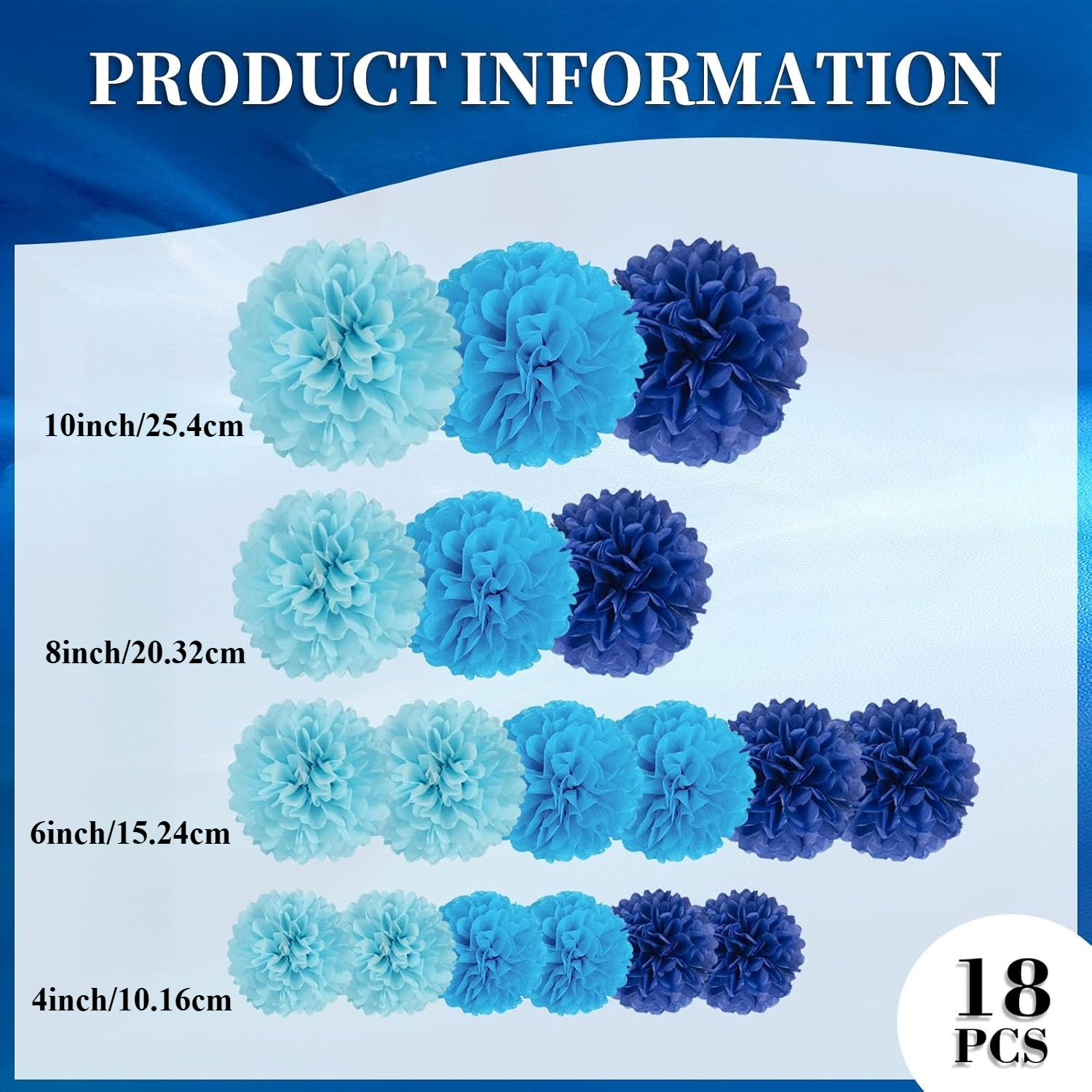 Image of 18pcs Tissue Paper Pom Poms Flowers, Sizes 4in, 6in, 8in, 10in Hanging Paper Flower Ball For Wedding, Birthday, Halloween, Christmas, Shower Party Decor (blue Royal Blue)