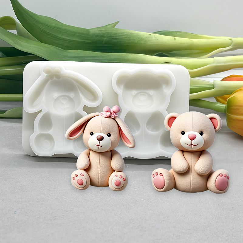 1pc 2- Cute Bear And Easter Bunny Fondant Silicone Cake Decorating Molds | Bear And Bunny Chocolate Molds, Ideal For Baptism And Birthday Decorations, Easter Baking Tools