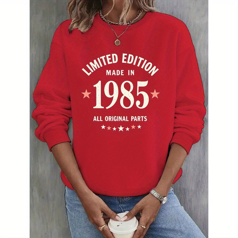 

1985 Red Sweatshirt - Cozy Polyester Crew Neck For Women, Fall & Spring, Machine Washable