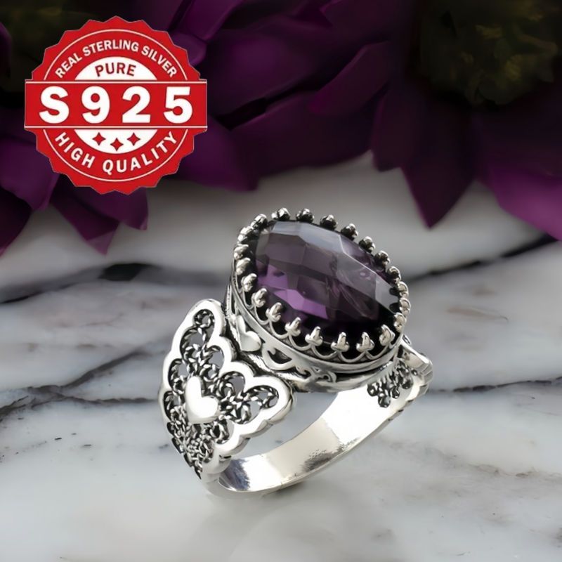 handcrafted 925 sterling silvery cocktail ring with amethyst gemstone vintage boho   for weddings parties details 3