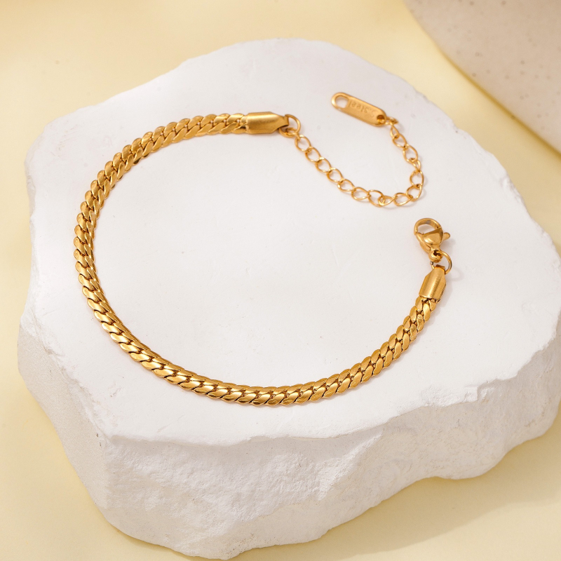Unisex Gold Plated Stainless Steel Thin Flat Cuban Link Bracelet