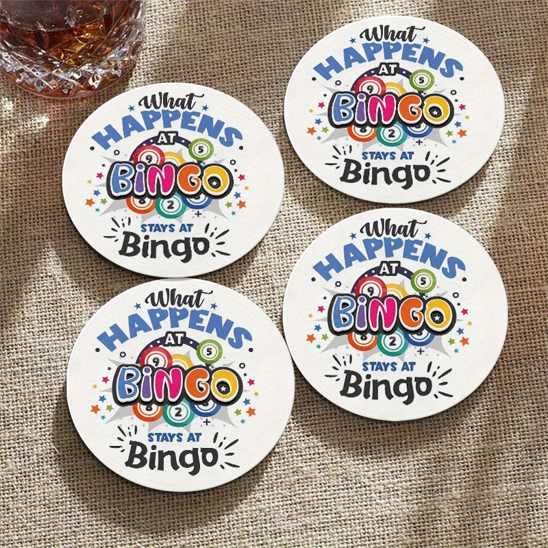 TEMU Lot de 4 sous-verres ronds en bois pour toutes les tasses - Protège-tables en bois avec dessous de verre sur le thème du bingo, pour décoration