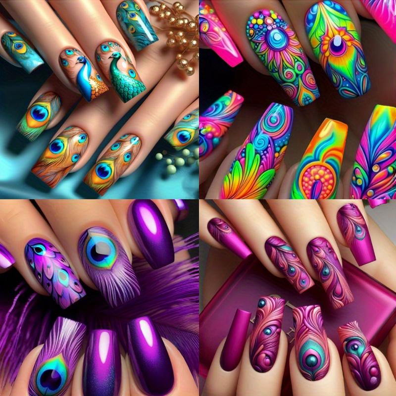 96pcs (4 Pack) Press-on Nail Set - Vibrant & Designs, Mixed Colors With Glossy Finish - Reusable, Easy-to-apply Fake Nails In , Long Length For A Look, Nail Charms