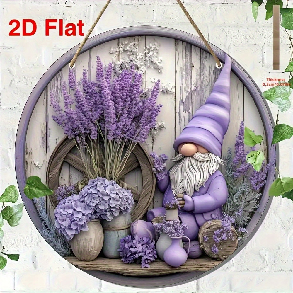 E-shop 2D-Flach, 2D-Flachebene – Ein lustiger Lavendel-Gartenzwerg im 2D-Flachdesign, inklusive 2D- Holz-Wandbild im Format 8x8 Zoll. Geeignet für