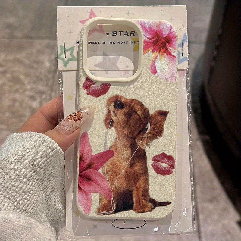 TEMU Phone Case: A Lychee-textured Drop-proof Iphone Case With A Floral Puppy And Headphone Pattern, Suitable For Iphone 11, 12, 13, 14, 15, 16 Plus,